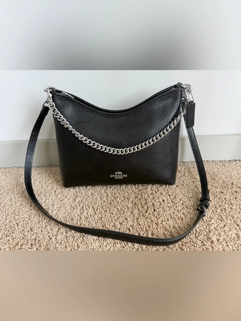 COACH Laurel Shoulder Bag Black Pebbled Leather with Silver Chain Accent - Picture 3 of 10